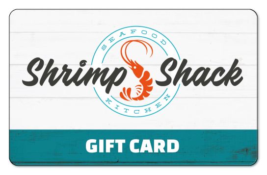 shrimp shack shrimp logo on a white background with teal bar